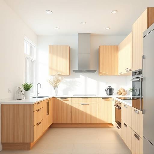 Armário de cozinha planejado com acabamento em madeira clara