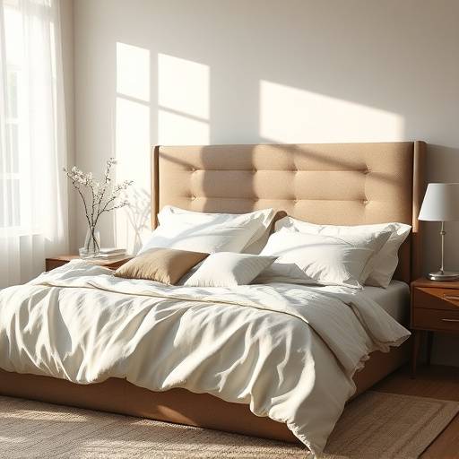 Cama de casal com cabeceira estofada e roupa de cama de algodão