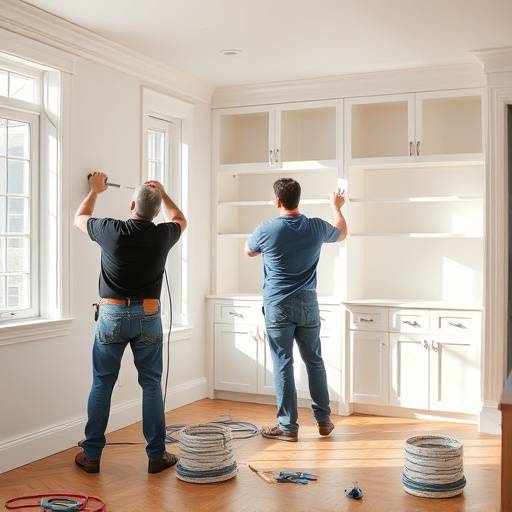 Equipe instalando armários embutidos em um quarto