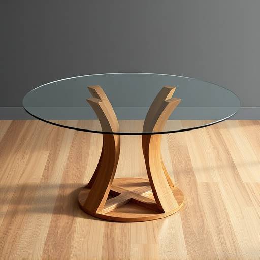 Mesa de jantar redonda com tampo de vidro e base de madeira maciäa