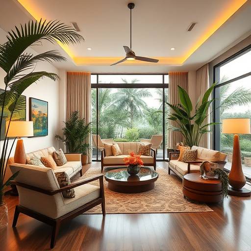 Sala de estar elegantemente decorada com móveis da Mobiliário Elegância Tropical